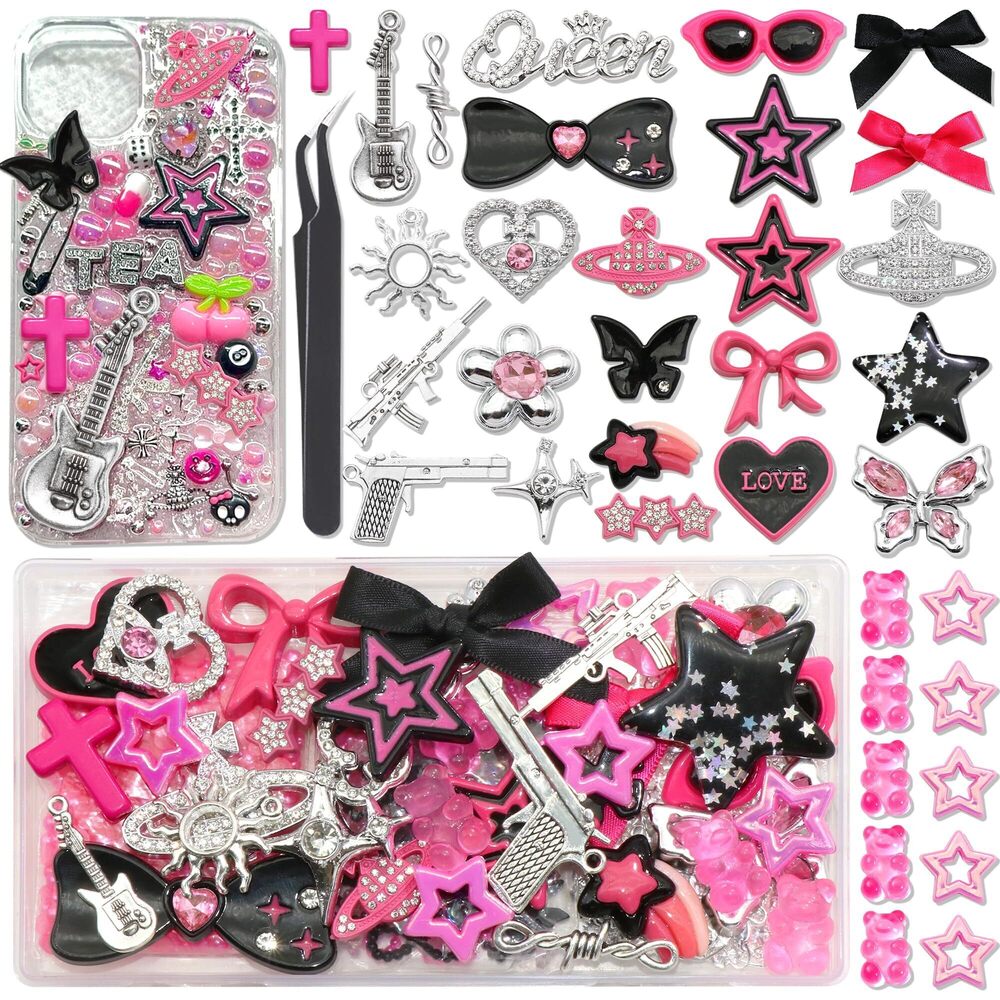 8459 Junk Case Charms Kit Black Pink Charm for Phone Cases Multi-Shape